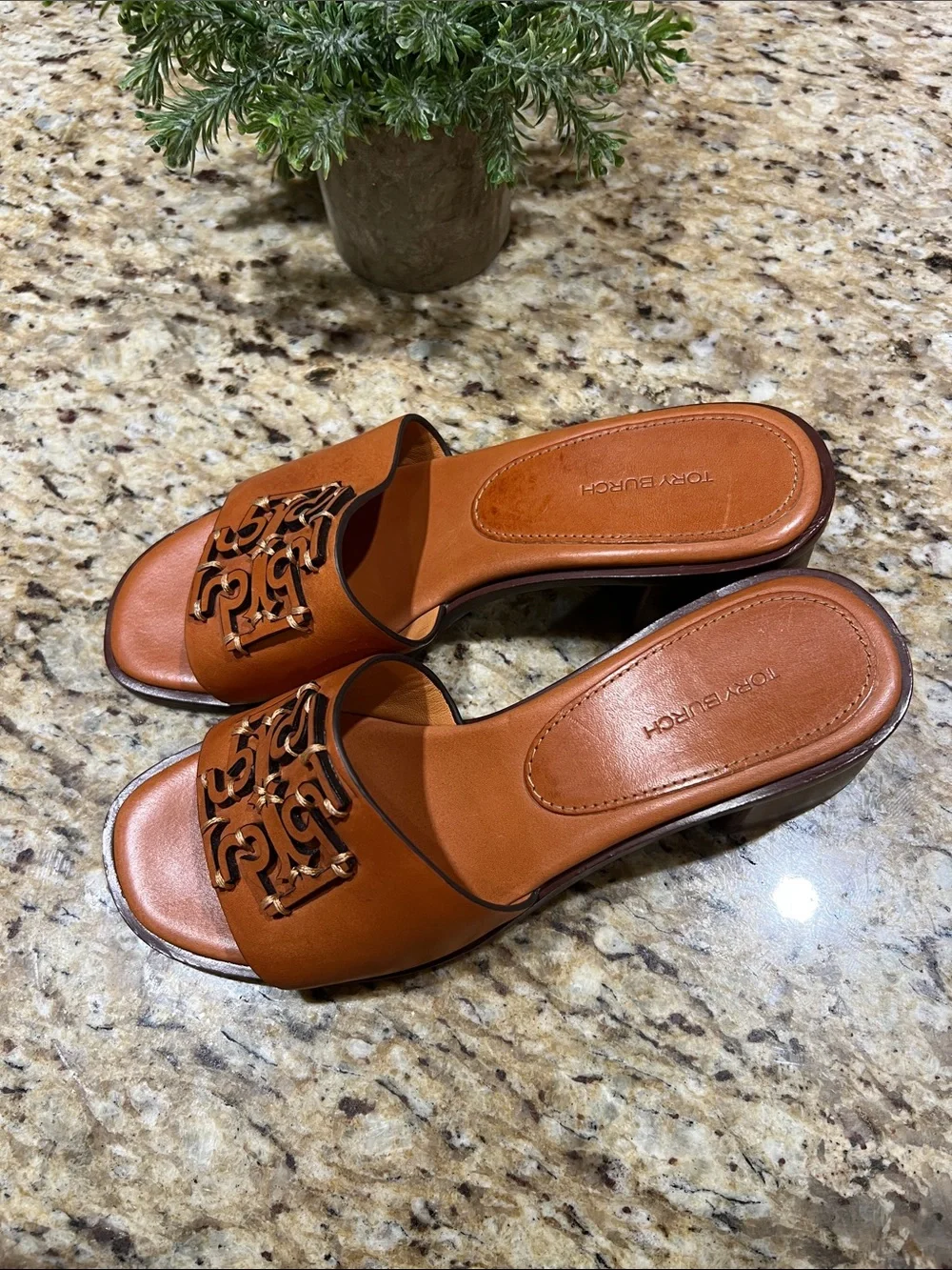 Tory Burch Ines Brown Leather Block Heel Mules 7M